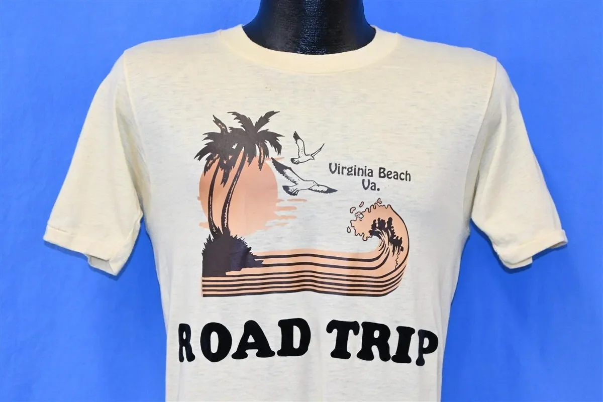 70s Virginia Beach Road Trip Fuzzy Letter Sunset Palm Tree T Shirt Small