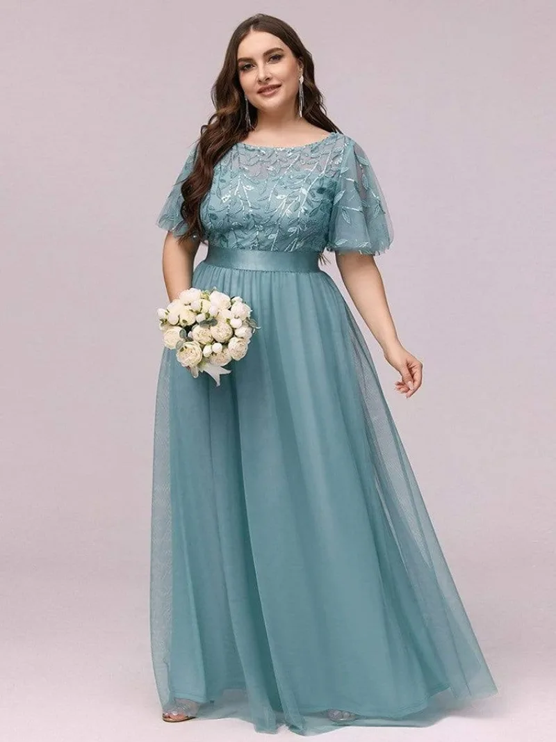 

Women‘s Trendy Prom Dresses V-Neck Elegant Long Evening Dress A-line Mesh Splice Sequin Short Sleeve Wedding Bridesmaid Dresses