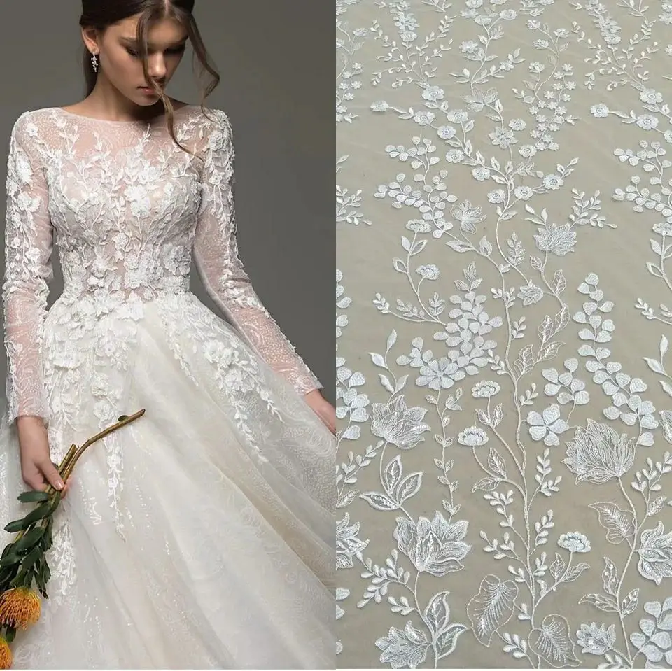 Elegant fashion bridal dress lace fabric 130cm width wedding dress fabric sequins lace selling by yard