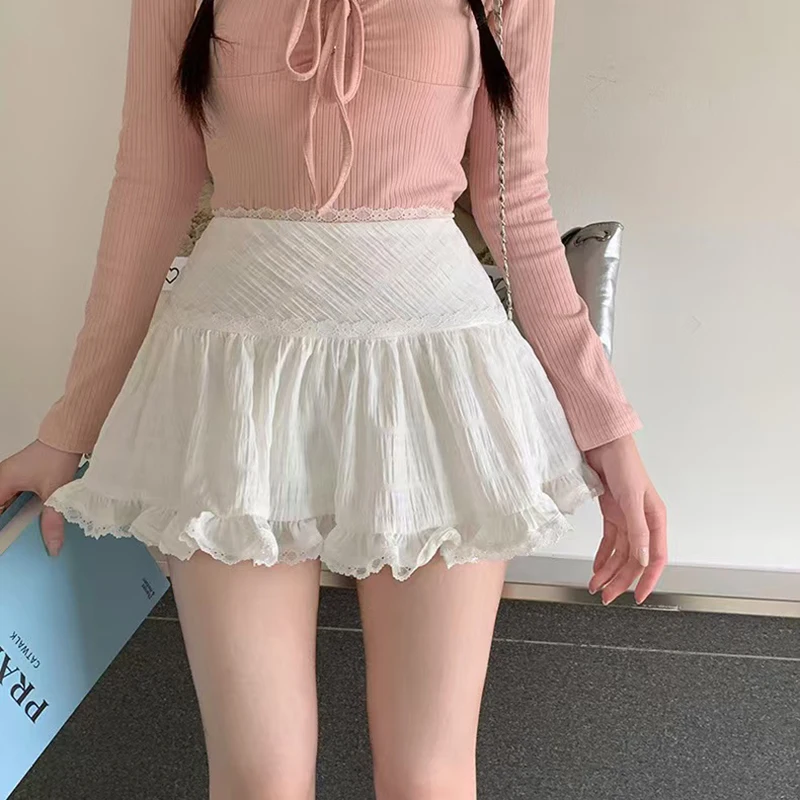

Sweet Lolita Lace Mini Skirts Women Korean Fashion Preppy Ruffles White Mini Skirts Y2K female High Waist Casual A Line Skirt