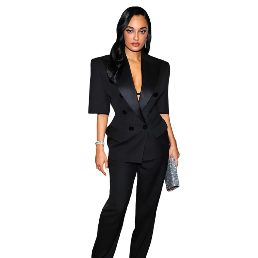 Women's Dresses Suit Gowns Elegant Peaked Lapel Half Sleeves Jacket And Pants For Female Satin 2 Pieces Suit Customized W210