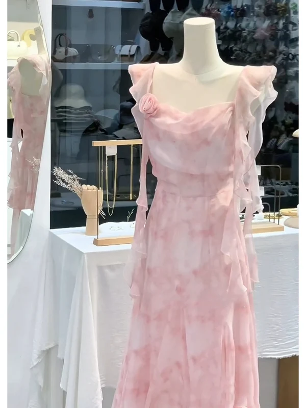 Rétro Floral rose sangle Dr Beach Vaion plage longue Dr été belle fée t jupe trajet Sle col carré