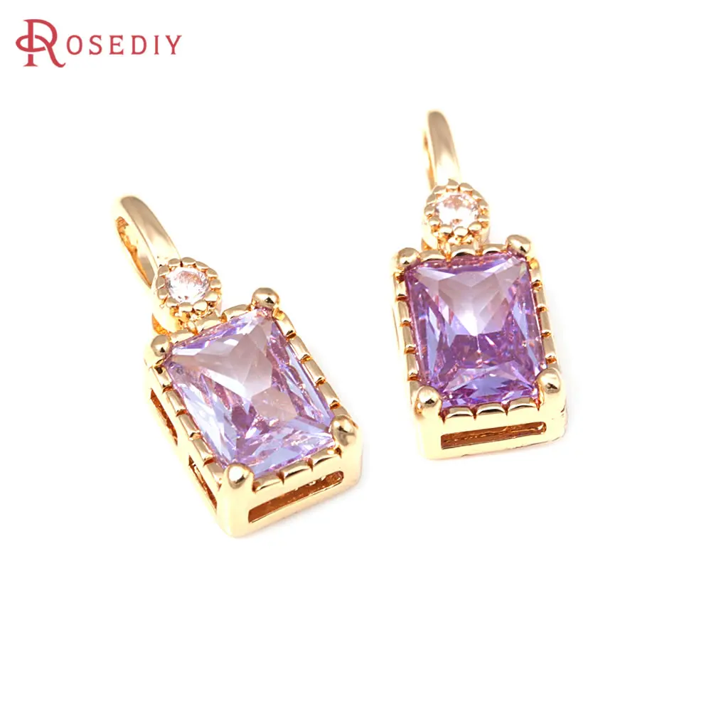 6PCS 18K Gold Color Brass Zircon Glass Large Hole Rectangle Charms Pendants Diy Jewelry Making Necklace Accessories for Women
