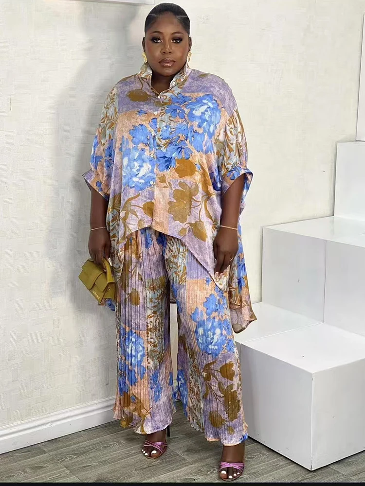 

2025 summer women's retro geometric print loose irregular shirt two-piece set + elastic waist drop pleated wide-leg trouser suit