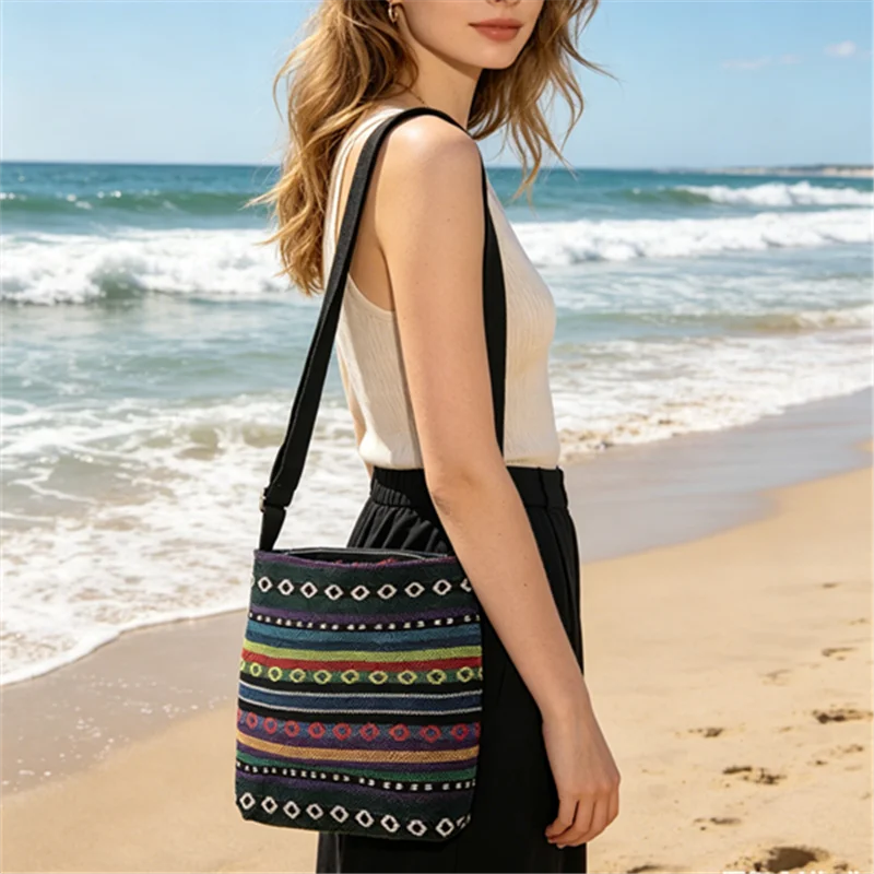 Bohemian Butterfly Owl Canvas Crossbody Bag Double Sided Gold Embroidered Canvas Bag Beach Daily Womens Casual Handbag Purse view 4