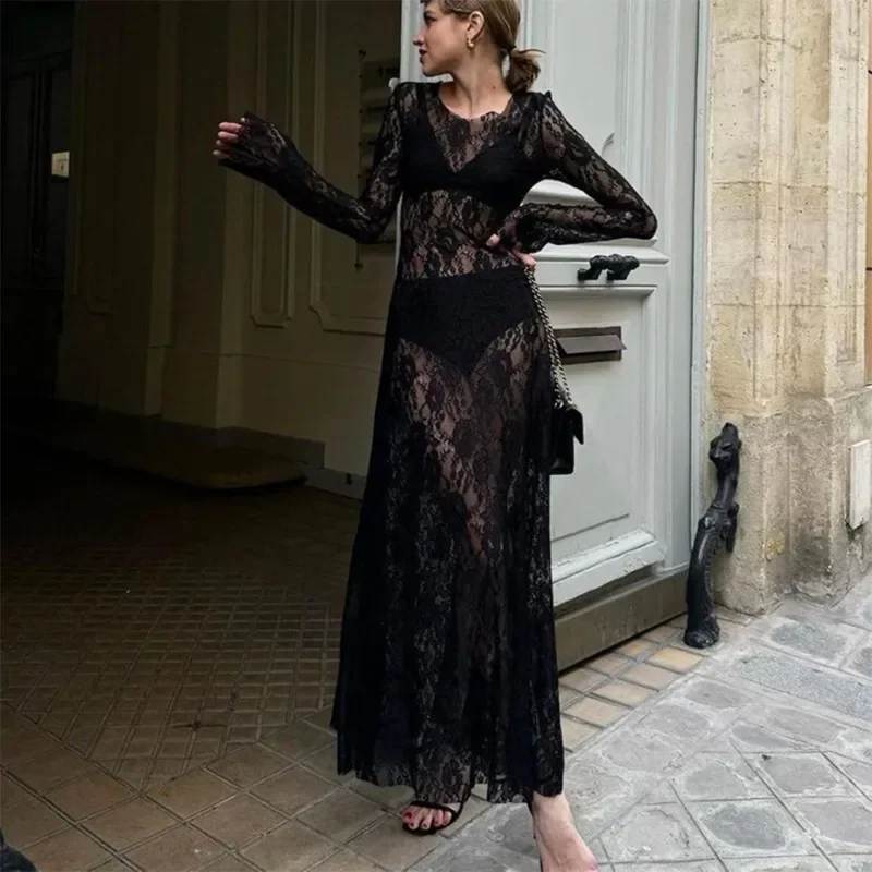 

Talenza Sexy See-through Lace Floral Maxi Dress Women's Black Long Sleeve O Neck Loose Resort Dress High Waist Party Dress Robe