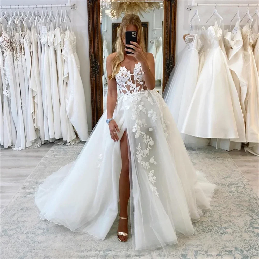 ROYCE Fiori Sweetheart Senza maniche Applicazioni in pizzo Abito da sposa Spacco alto Lunghezza pavimento Vintage Sweep Train Abito da sposa da donna