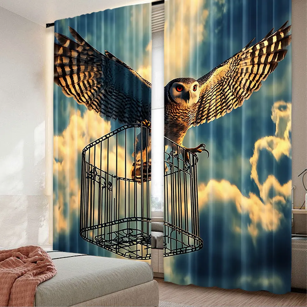 

2Pcs Owl Curtain Curtain Teal Curtain Animal Wildlife Flying Bird With A Bird Cagefor Bedroom Living Room And Dining Room A