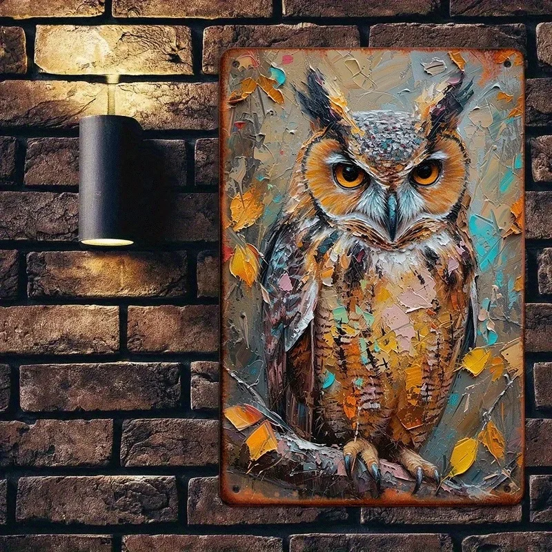 1PC Vintage Owl Oil Painting Metal Iron Sign Home Bar Cafe Garage Decor 8x12 Inch with Pre-drilled Hooks Waterproof Easy To Hang