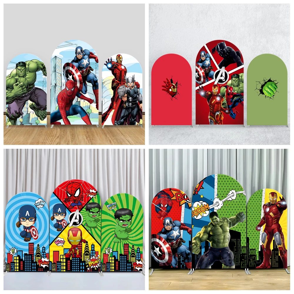 

Spiderman Iron Man Hulk Theme Arch Backdrop Background Man for Boy Birthday Party Decorat Elastic Fabric Photozone Backdrop