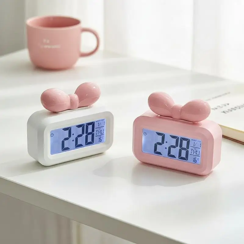 LED Digital Clock Bowknot Temperature Detection Alarm Clock Cute Gift With Night Light Mini Desktop