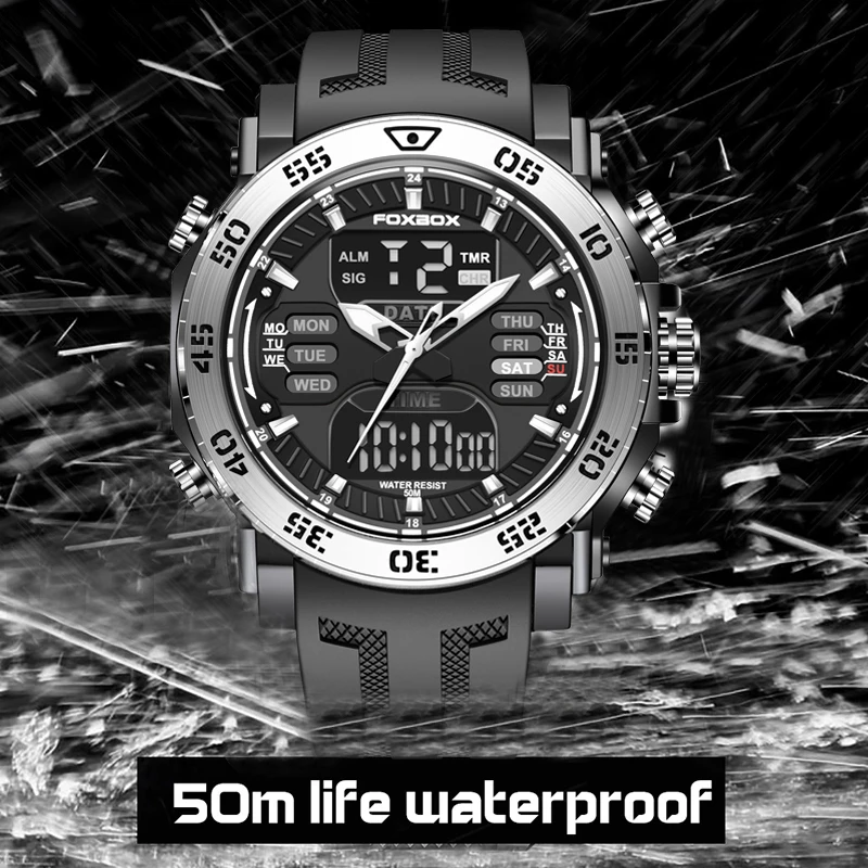 FOXBOX Men Digital Watch Military Swimming Big Watches Fashion 50M Waterproof Electronic Wristwatch Mens Relogios Masculino
