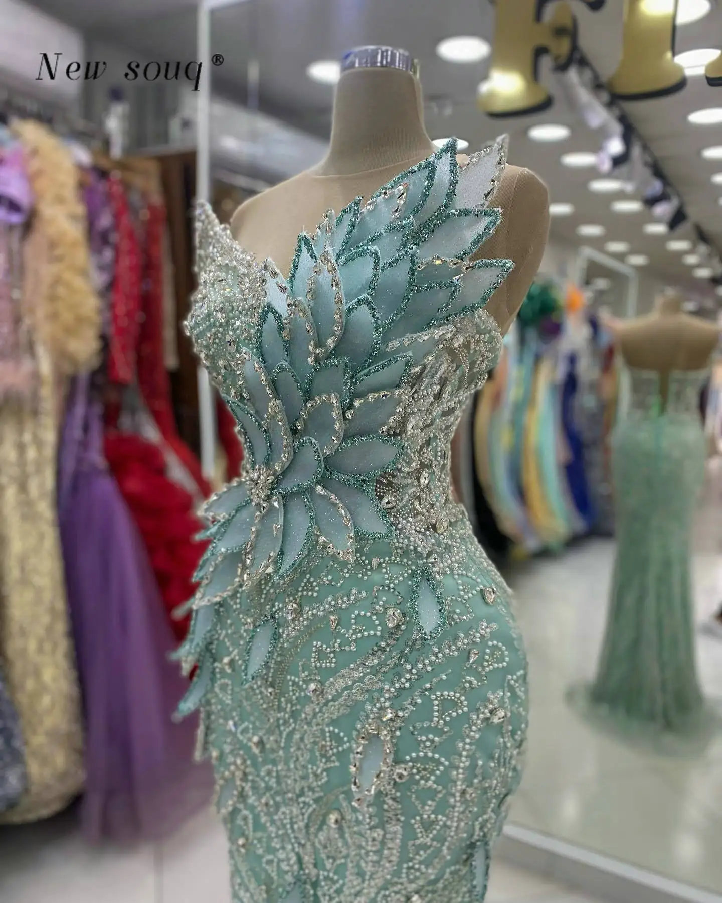 Arabic Glittering Long Mint Green 3D Leaf Designs Mermaid Wedding Evening Dresses Crystals Women's Dinner Party Gowns Customized