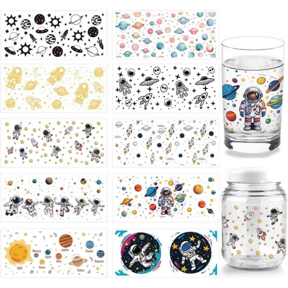 10 Blatt Space Theme UV DTF Cup Wrap für 16OZ Glas Planet Astronaut Galaxy Star Rub on Decals Cartoon PVC Transferaufkleber