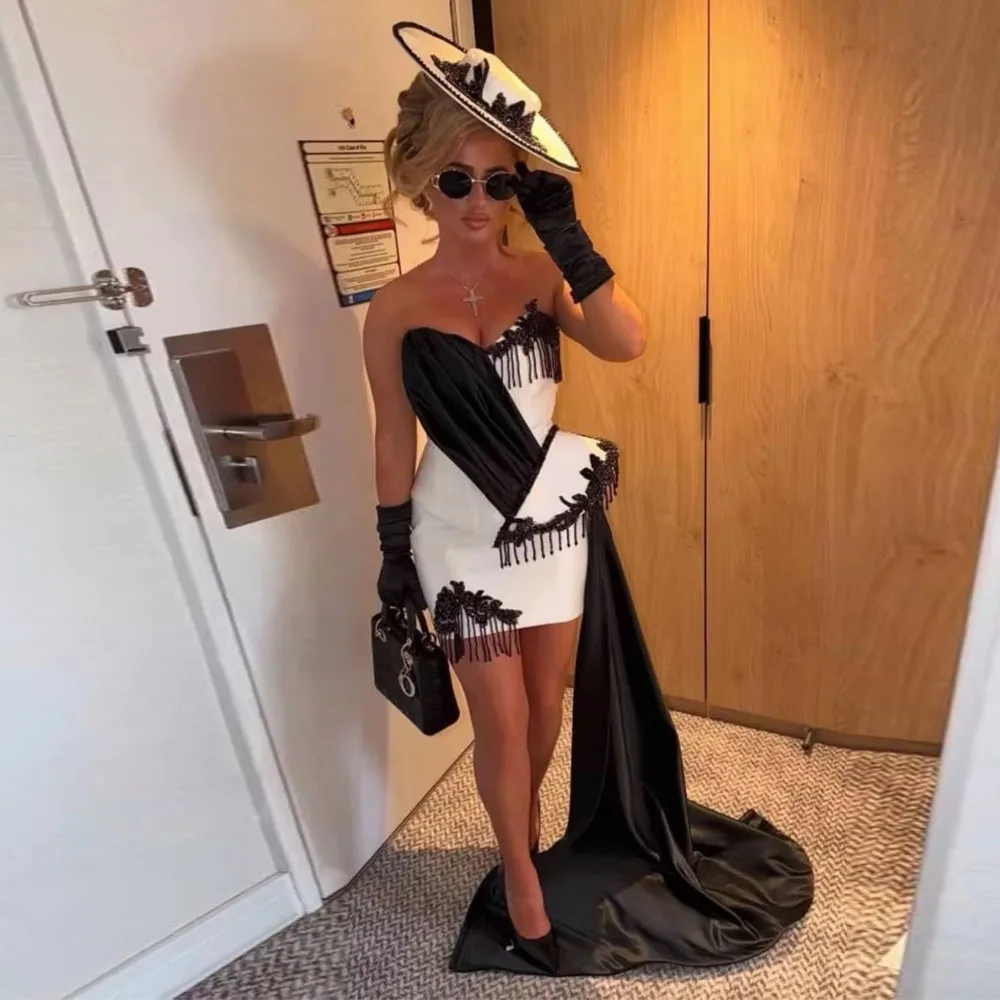 Customized Modern Mini Short Cocktail Dress Sheath Prom Gown Strapless Sleeveless Beading Wedding Party Gown With Train