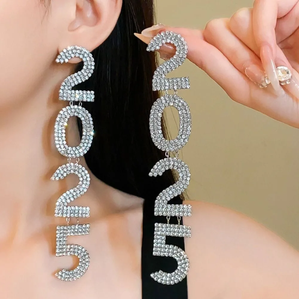 

Silver 2025 Earrings Long Diamond Rhinestone Studs Earrings Korean Style Women Ear Jewelry 2025 New Year Jewelry Party