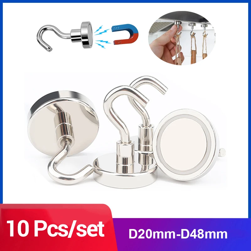 

10 Pcs D20mm 25mm 32mm 36mm 40mm 42mm 48mm Magnetic Hooks Heavy Duty Wall Hooks Hanger Super Strong Neodymium Magnet Hooks