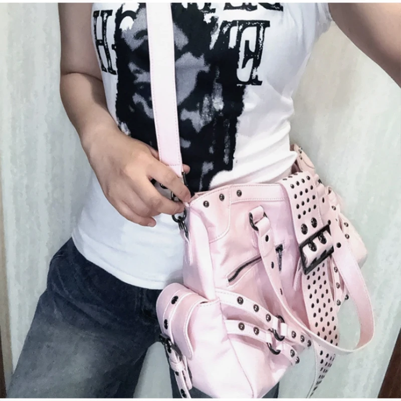 Y2k Nieten-Gürtelschnallen-Handtasche, Damen Motorrad Biker Punk-Stil Metall-Nieten-Schultertasche, Koreanische Y2k Mädchen Reißverschluss-Tragetasche – Detail 5