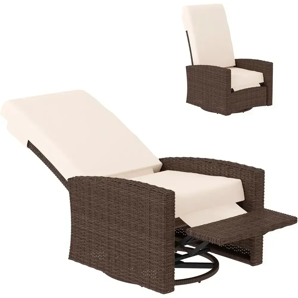 Cream White Outdoor Wicker Swivel Recliner with Reclining Backrest, 360° Rotation, and Water-Resistant Cushions