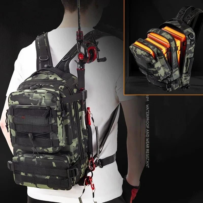 Fishing Tackle Backpack Storage Bag Men's Outdoor Shoulder Hanging Fishing Bait Equipment Bag with Rod Holder Camping Hunting Hi