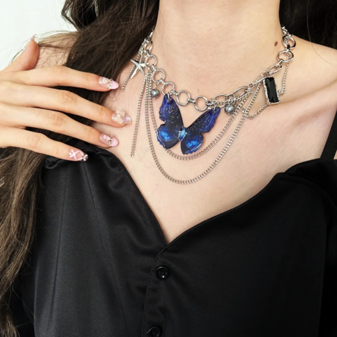 

DUTRIEUX Charms Punk Gothic Choker Heavy Industry Butterfly Tassel Pendant Necklace Sweet Cool Luxurious Clavicle Chain Jewelry