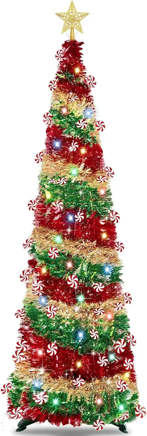 

5-футовая всплывающая рождественская елка с подсветкой, работающая от батареи, таймер, красно-зеленая золотая мишура-карандаш для домашнего праздничного декора в помещении