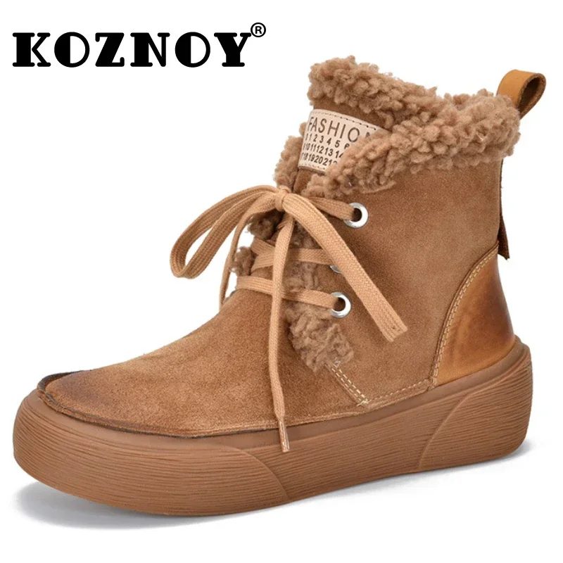 Koznoy 4cm Spring Autumn Ankle Suede Platform Wedge Boots Women Shoes Booties Snow Winter Cow Genuine Leather Plush Moccasins