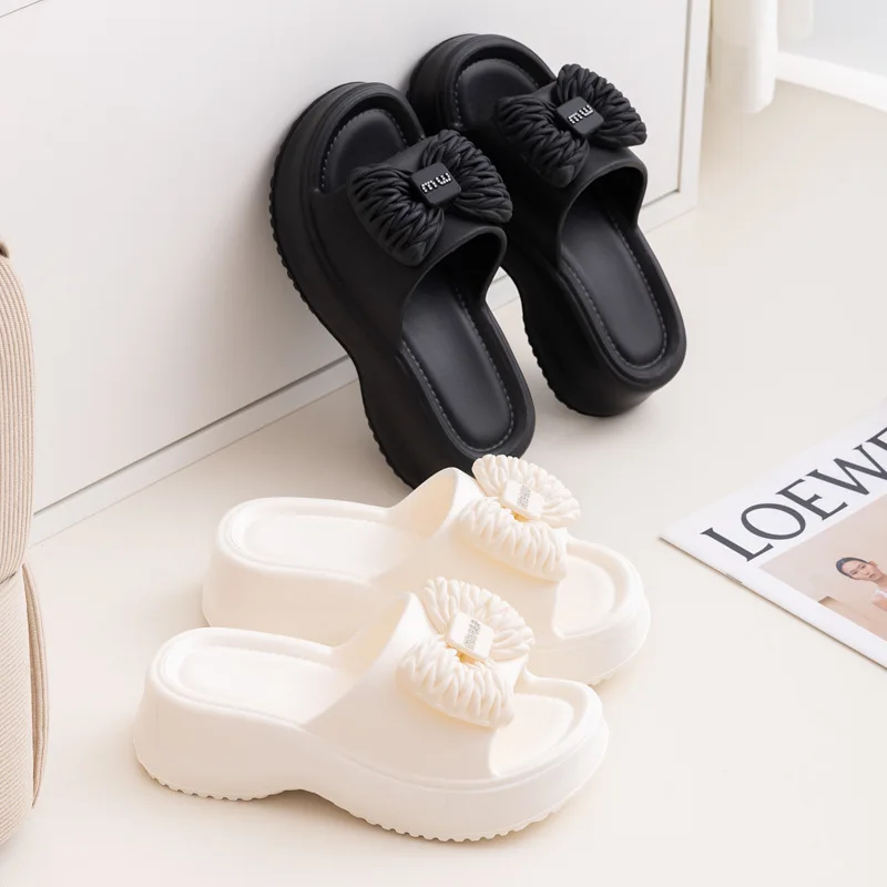 Women Bowknot Slide Thick Platform Slippers High Heel Anti Slip Bathroom Sandals Summer Indoor Home Outdoor Casual Slip On Shoes