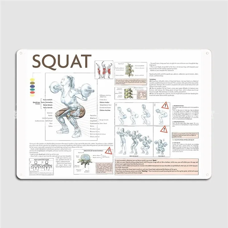 Squat Exercise Diagram Poster Metal Plaque Wall Mural Club Bar Vintage Plates Tin Sign Poster
