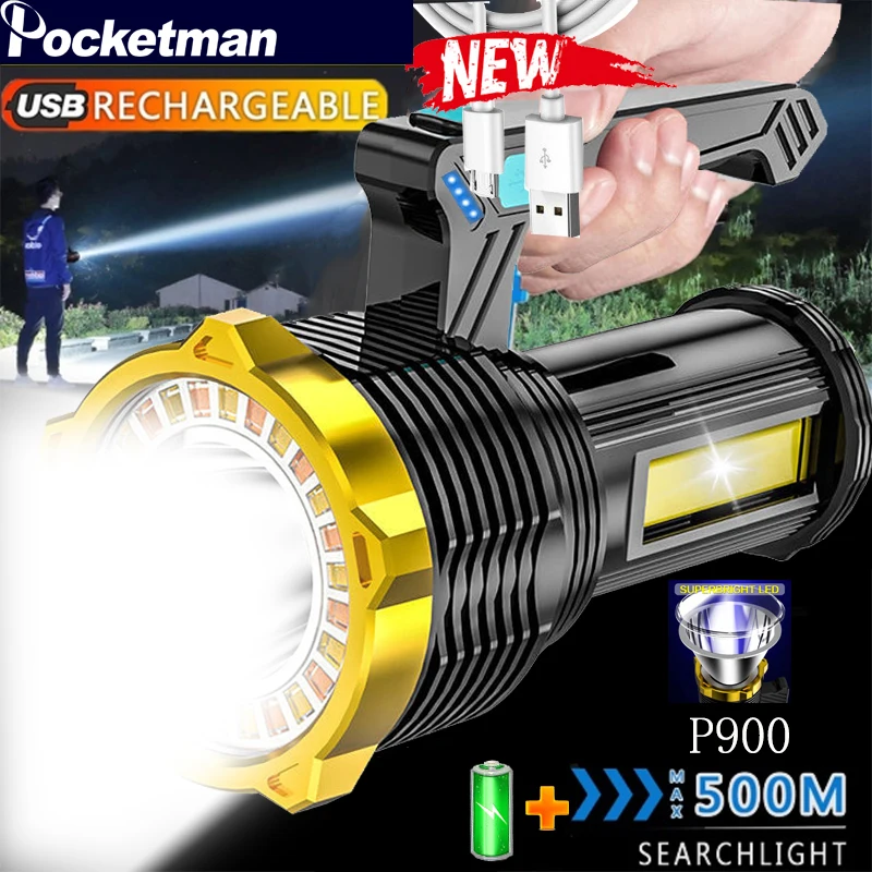 

300W Super Bright Handheld LED Flashlight Spotlight USB Rechargeable Work Light Waterproof Searchlight Torch Camping Light