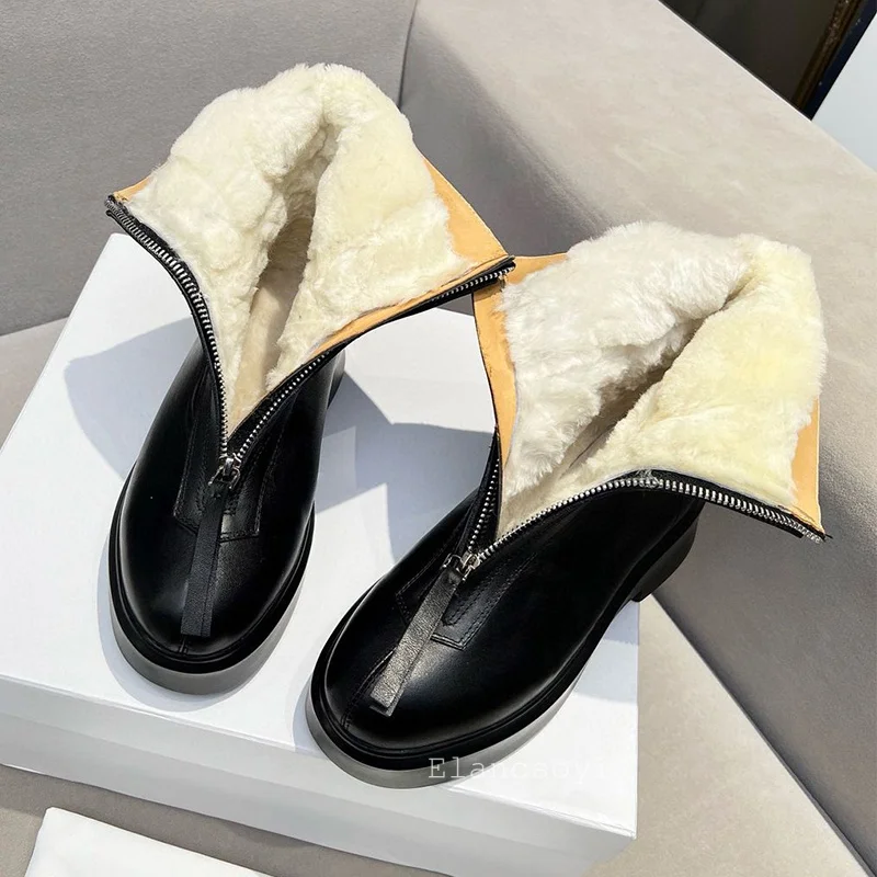 Motorcycle Boots Women Genuine Leather Round Toe Front Zipper Short Boots Winter Thick Sole Real Wool Lining Warm Snow Botas