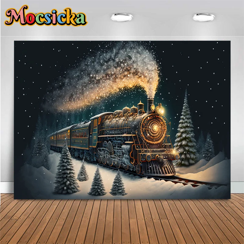 

Mocsicka Outdoor Snow Scenery Decoration Background Winter Forest Prop Rail Trains Galloping Lighting Backdrop Studio Photobooth