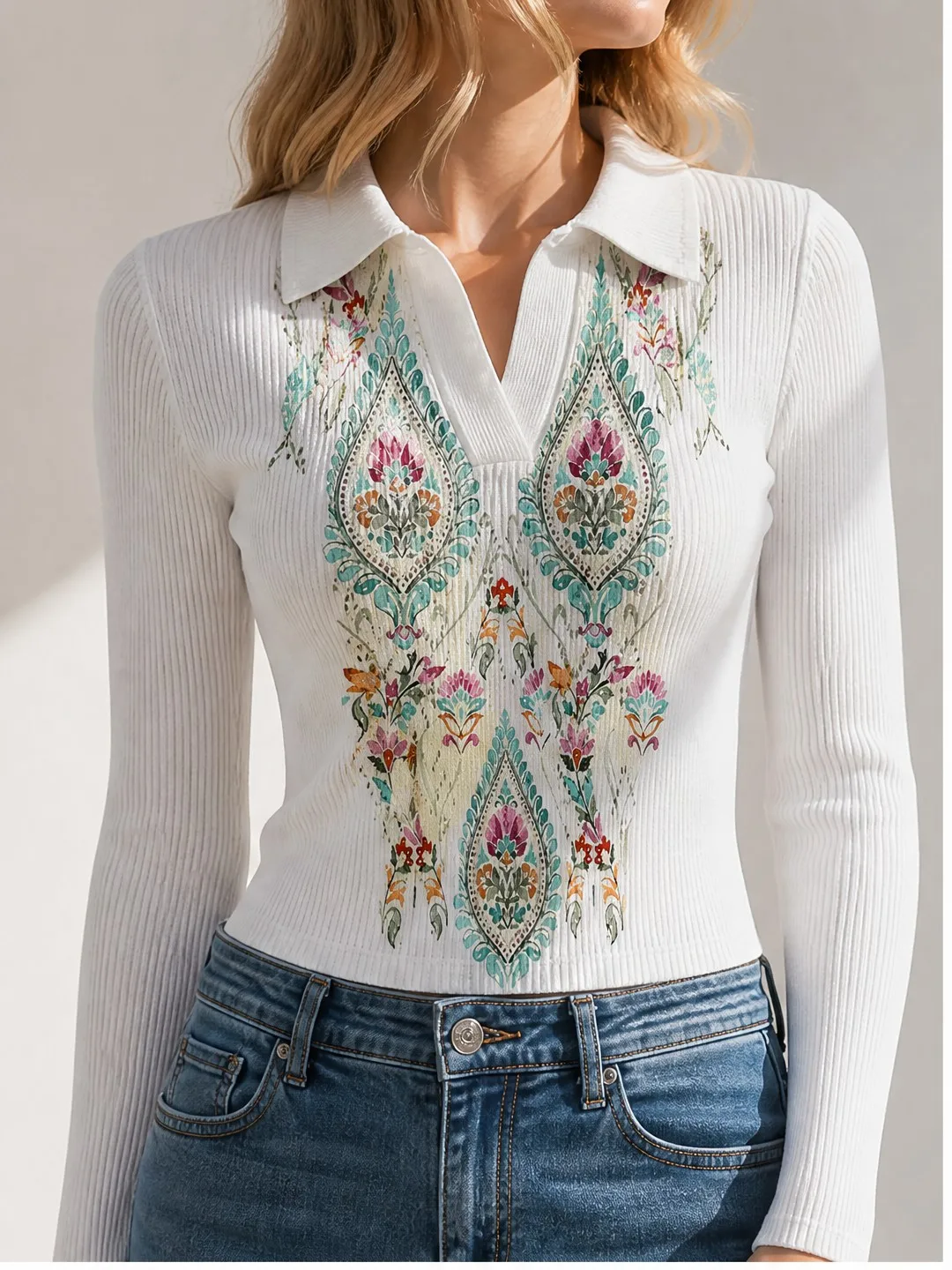 Versatile Womens V Neck Collared Ribbed Knit Crop Top Figure Flattering Long Sleeve Pullover for Feminine Daily Outfits Wardrobe
