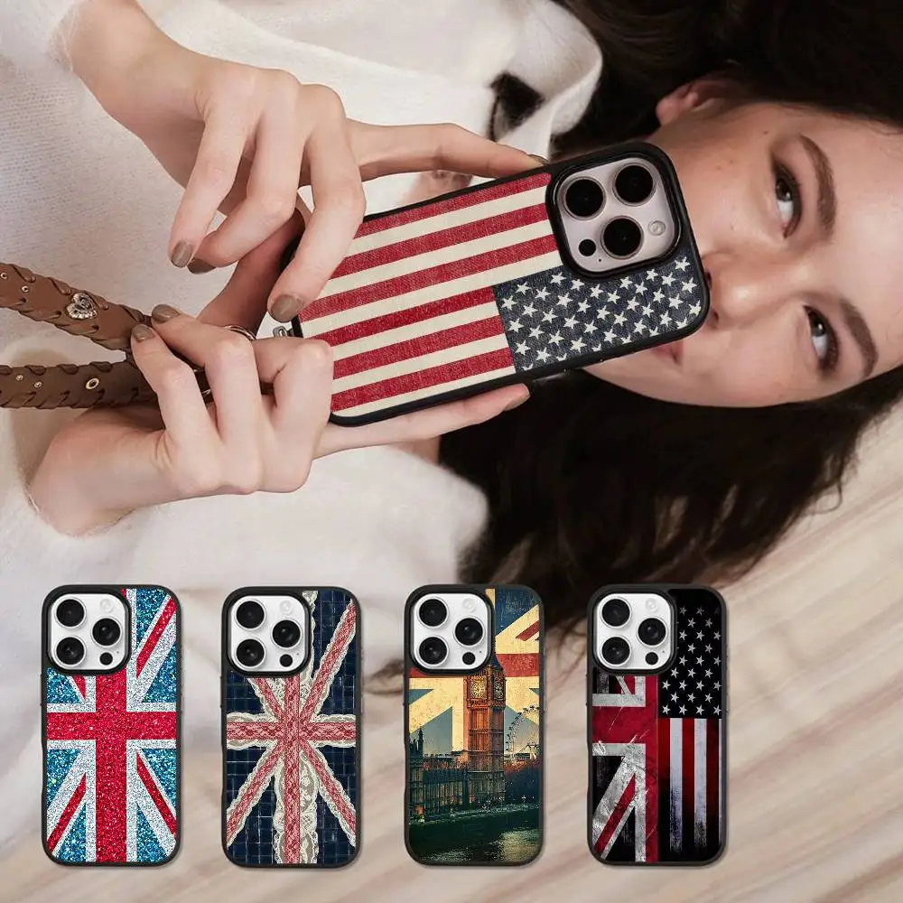USA & UK Flagge Schwarze Silikon-Hartplastik-Handyhülle für iPhone 17 Air 16 15 14 13 12 11 Pro Max PC+TPU Hülle