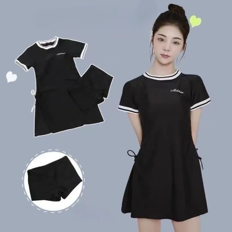 Modest Black Short Sleeve Two Piece Swimsuit Dress with Boyshort Bottom Side Drawstring Tummy Control Swimwear for Beach Pool