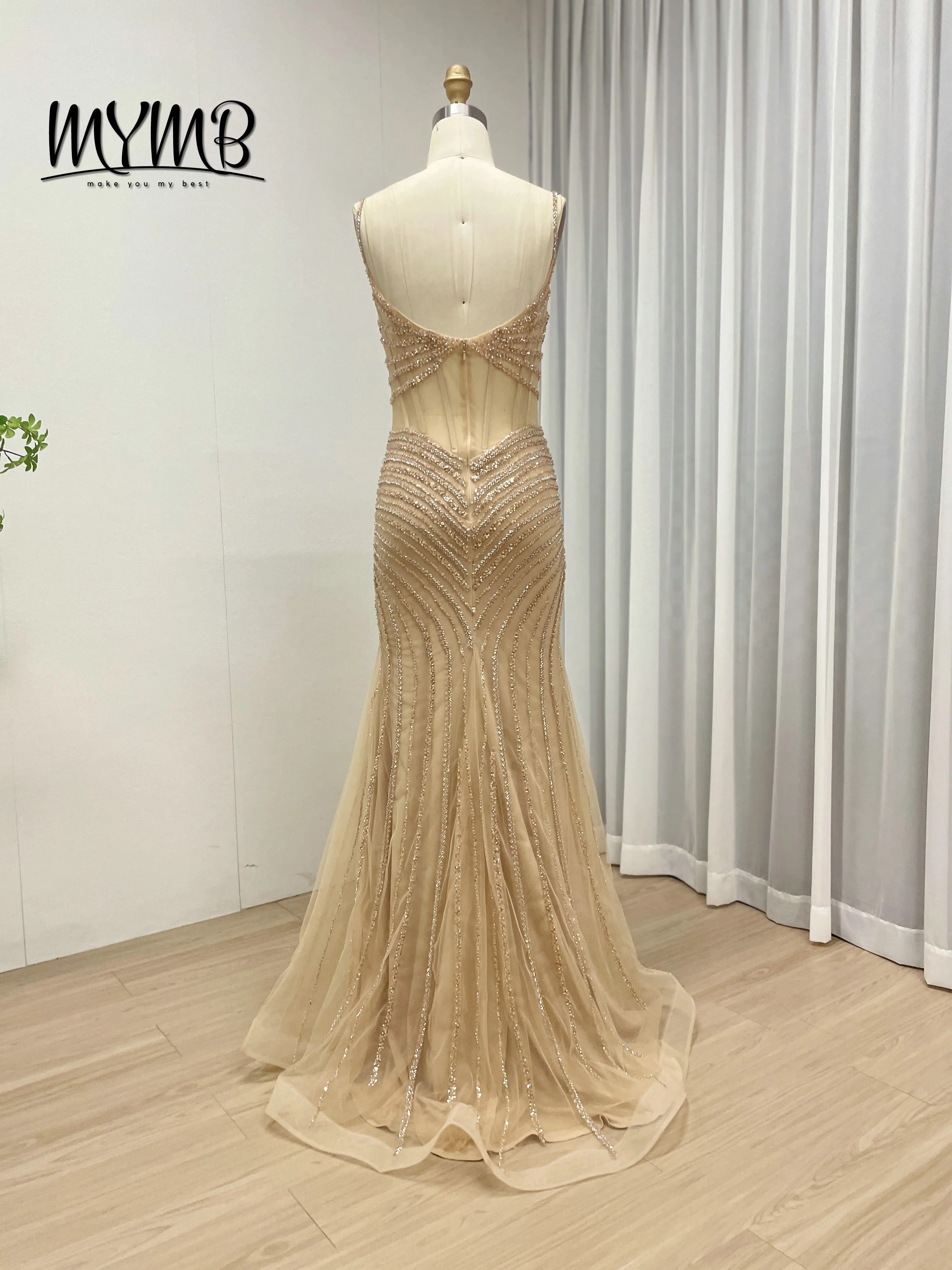 MYMB Sexy Sheer Waist Spaghetti Strap Golden Mermaid Prom Evening Gown With Sparkle Exquisite Beaded Embroidery Sequin MC20075B - view 6