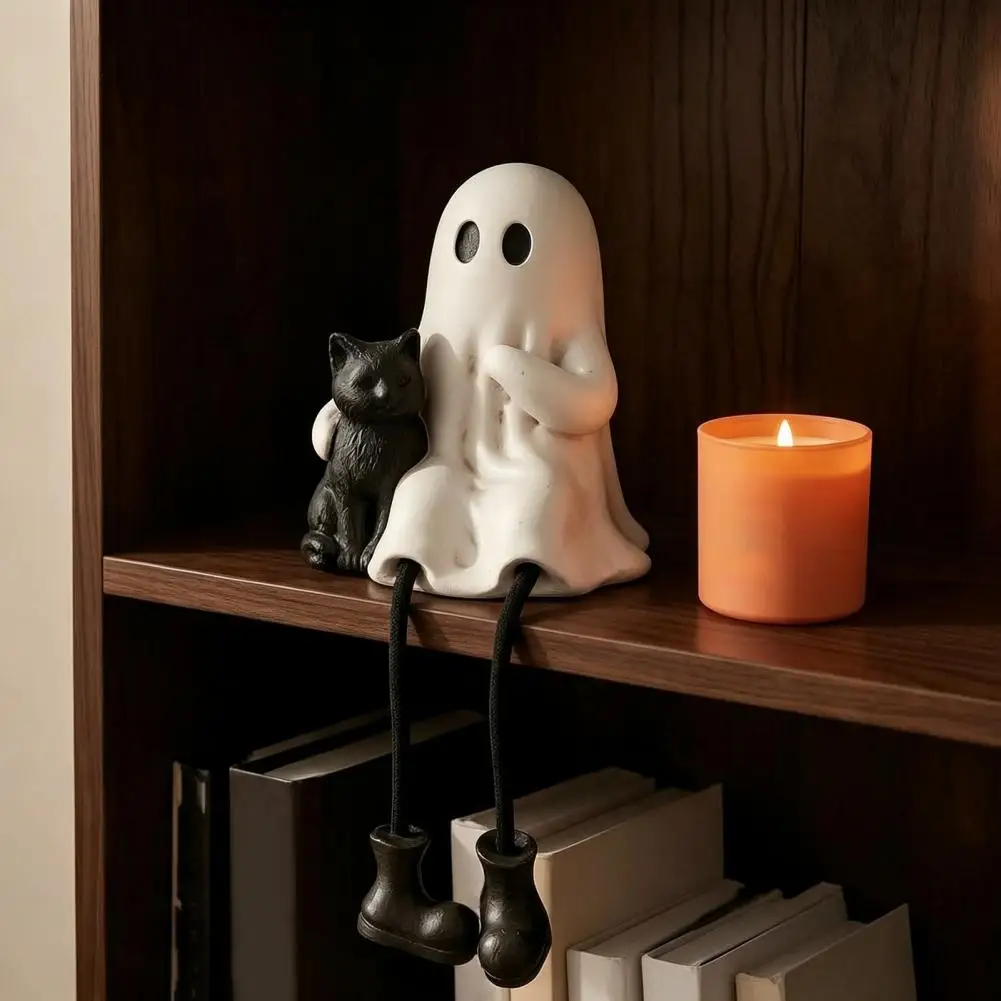 Retro Ghost Skeleton Ornaments Halloween Figurines Set Spooky Ghost Pumpkin Skeleton Ornaments Black for Mantel for Fireplace
