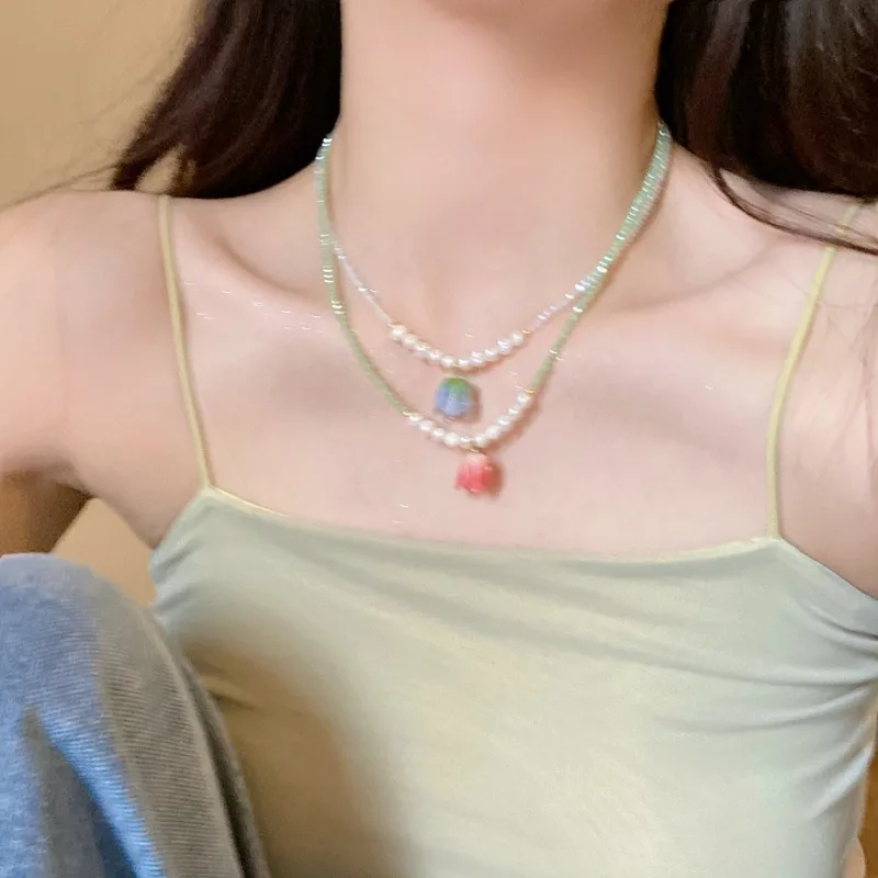 

Spring Summer Tulip Pearl Crystal Choker Necklace Pendant Elegant Delicate Floral Fresh for woman Daily Wear Fashion Jewelry
