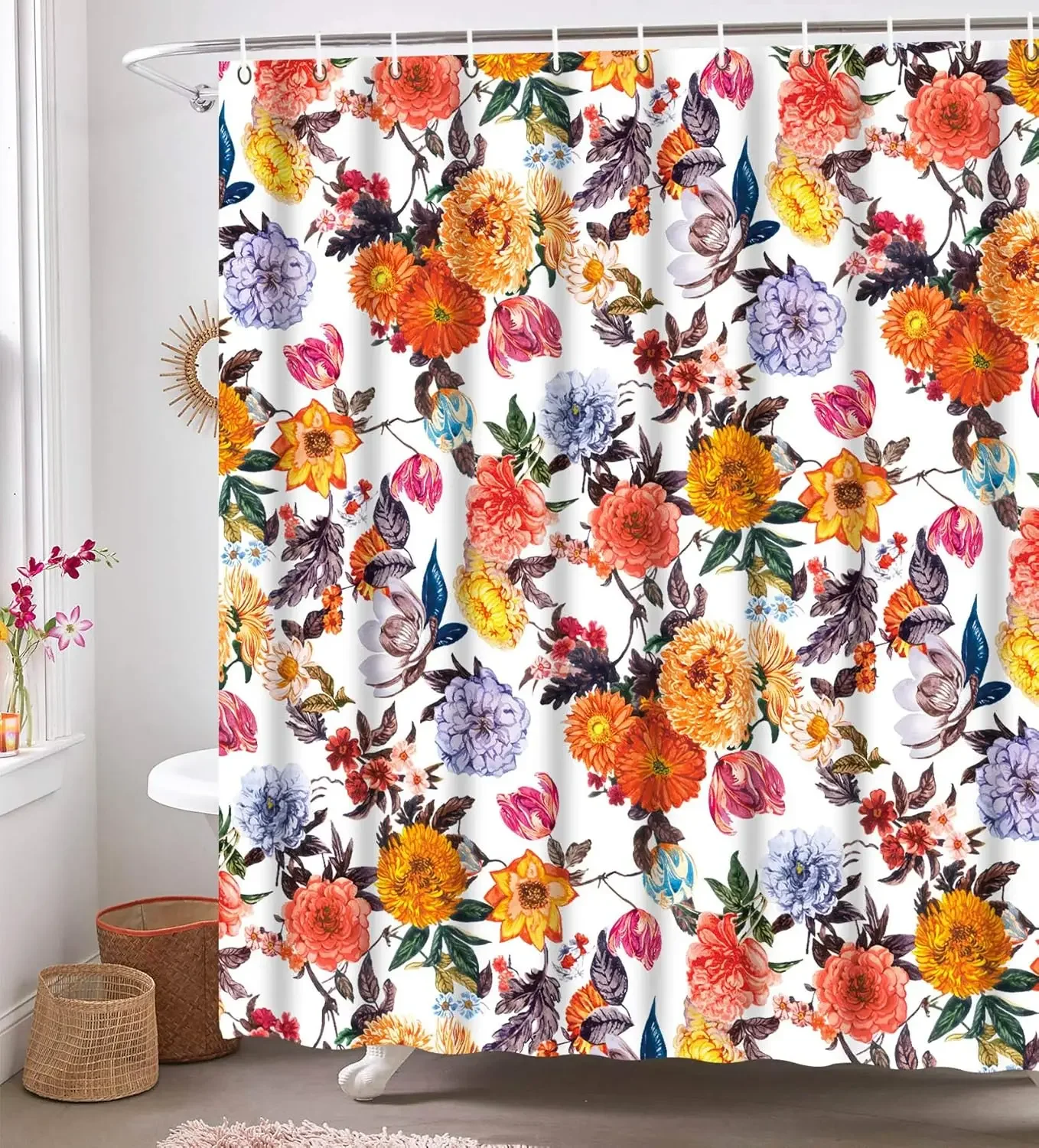 bathroom floral shower curtain, colorful fabric flower shower curtain with 12 hooks, multi red 180X180CM