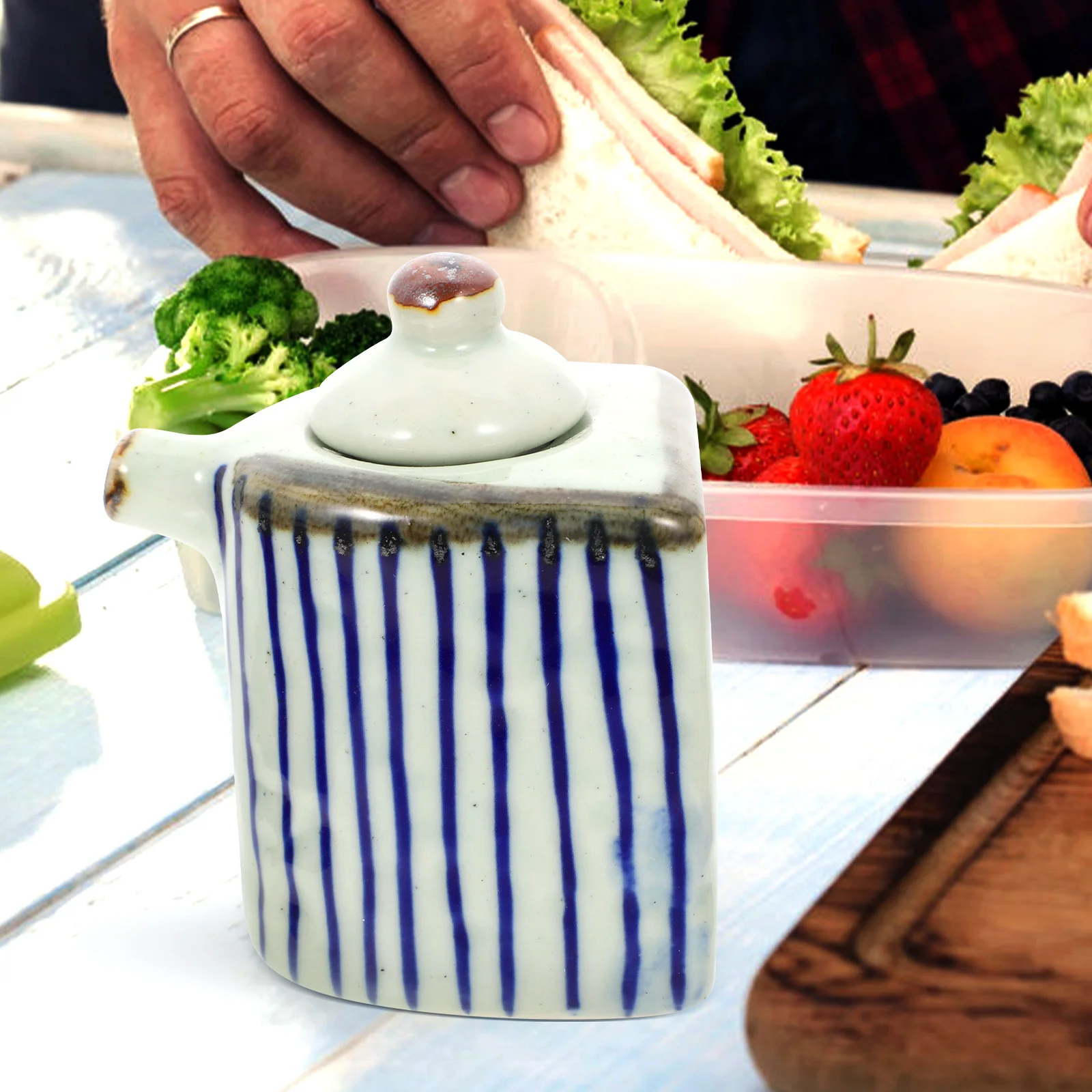 

Ceramic Vinegar Pot with Dispensing Spout Japanese Style Soy Sauce Bottle Kitchen Condiment Container Keep Clean