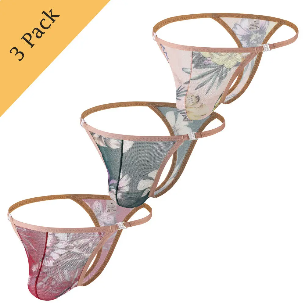 3-piece Set of Mens Ultra-thin Mesh Printed Low Waisted Thong Sexy Perspective Adjustable Underwear for Gay Men Breathable Thong