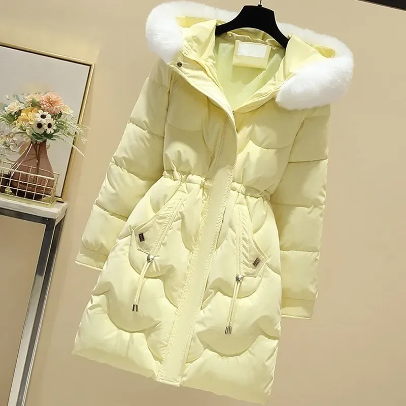 2023 Winter New Women Mid-Length Cotton Coat Fur Collar Hooded Elastic Drawstring Parkas Loose Casual Female Warm Jacket