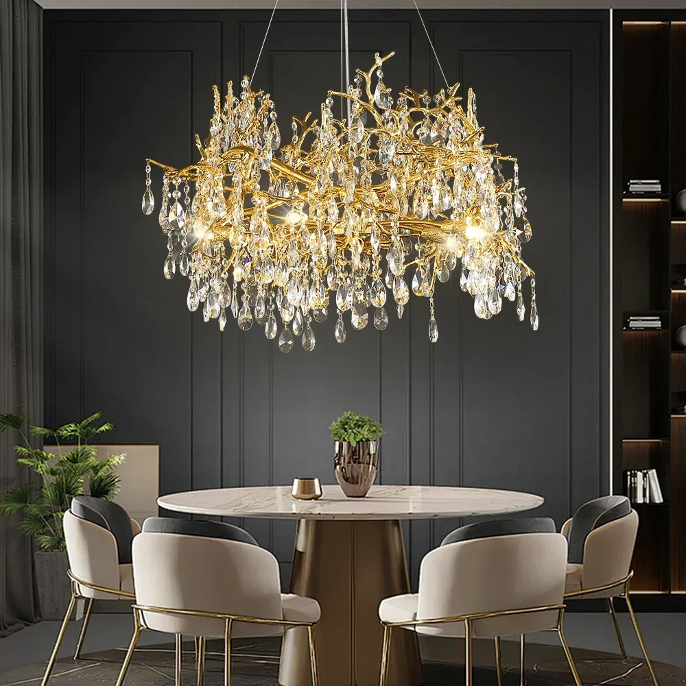 American Round Ceiling Chandelier Crystal Light Gold Branch  Living Room Decor Hotel Hanging Led Pendant  Lustres