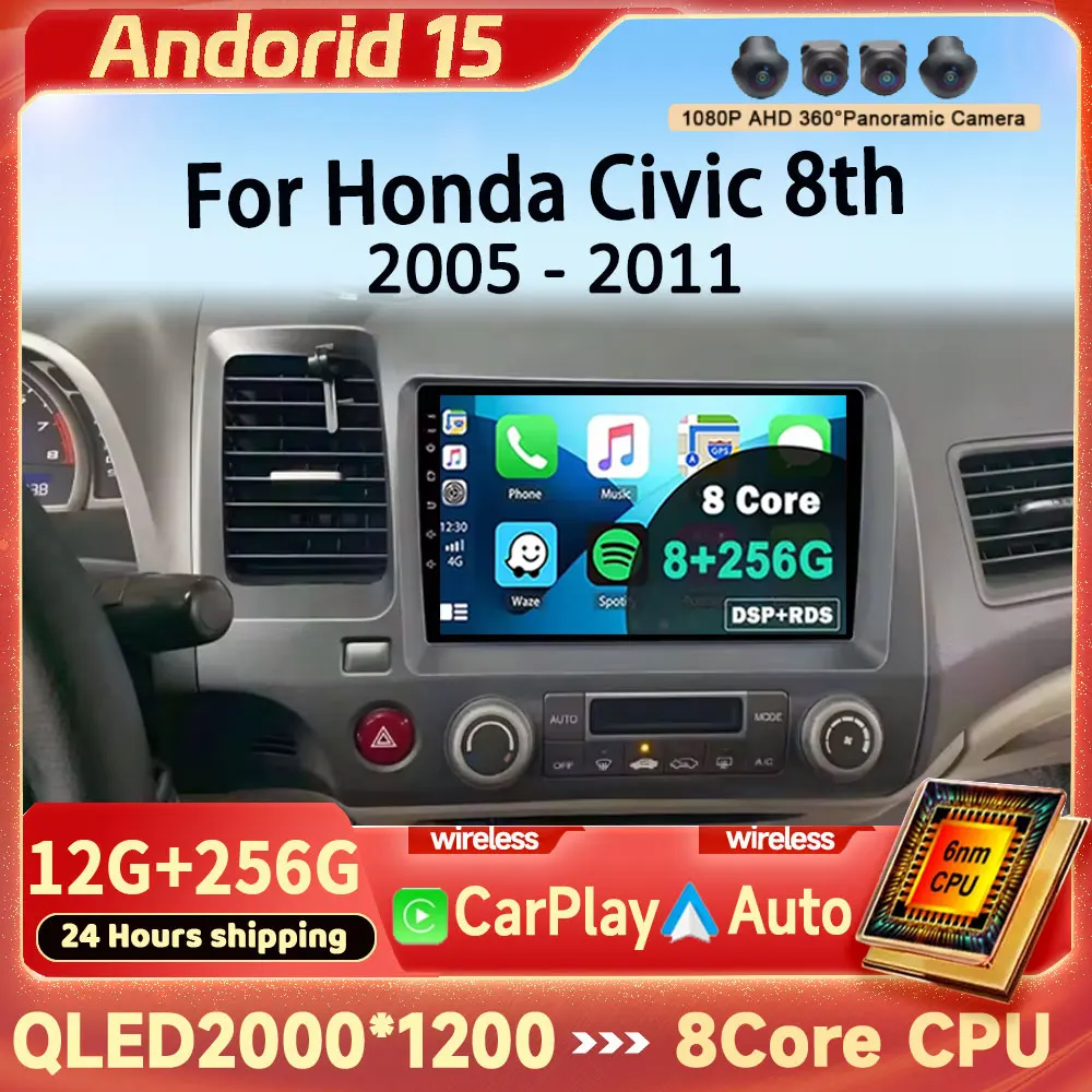 

Android 15 Car For Honda Civic 8th 8gen 2005 2006 2007 2008 2009 2010 2011 stereo radio multimedia wireless carplay android auto