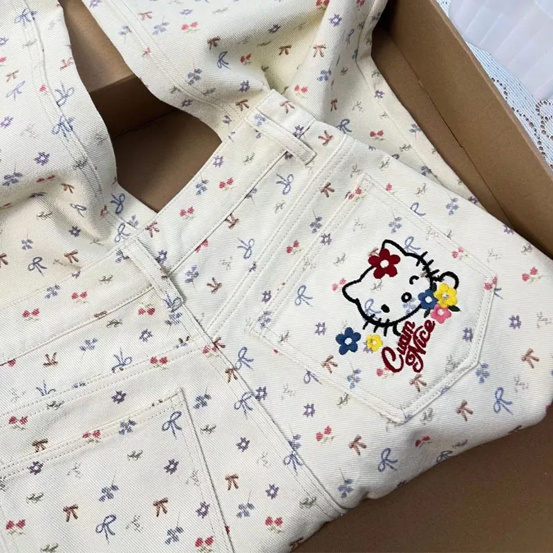 

Sanrios Hello Kittys женские джинсы Y2K для девочек с мультяшным принтом, широкие брюки с высокой талией, эстетические свободные джинсовые брюки, женская одежда