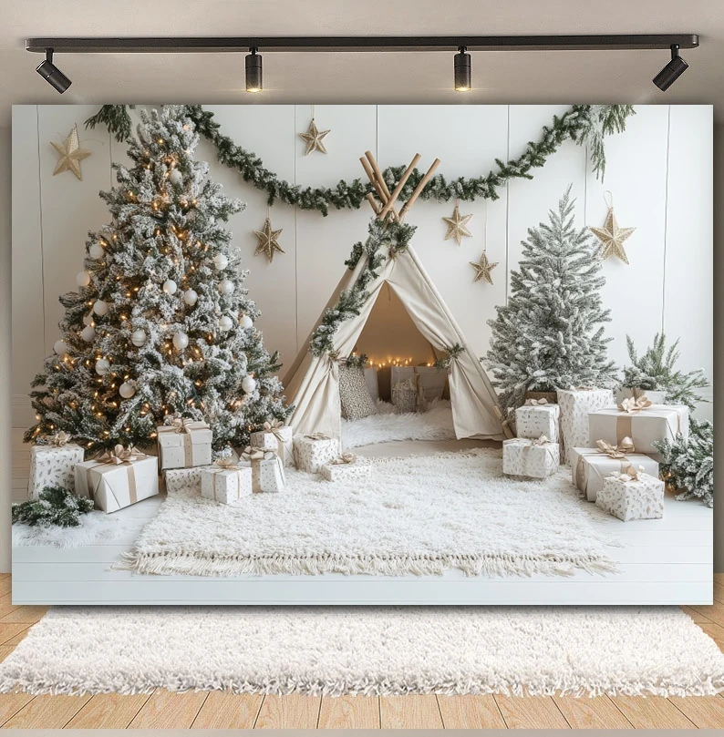 Christmas Decoration 2026 Photography Backdrop Camping Tent Xmas Tree Gifts Kids Birthday Portrait Family Party Photo Background
