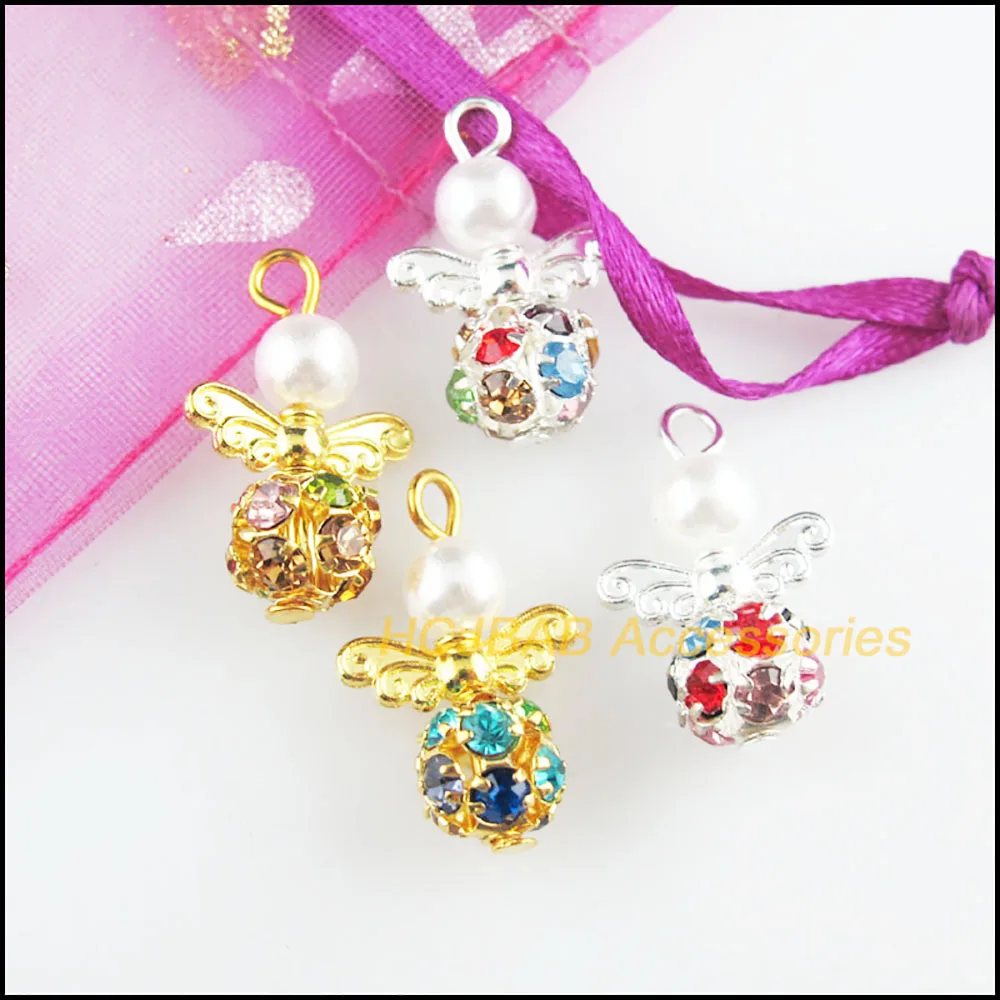 10Pcs Silver Plated & Gold Color Colored Crystal White Angel Charms Pendants 14x22mm