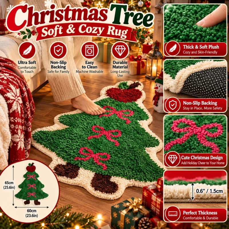 75x62cm Christmas Tree Fluffy Slip Rug Mat Non Slip Floor Carpet Bathroom Door Living Room Bedroom Xmas Home Decor Holiday Gift