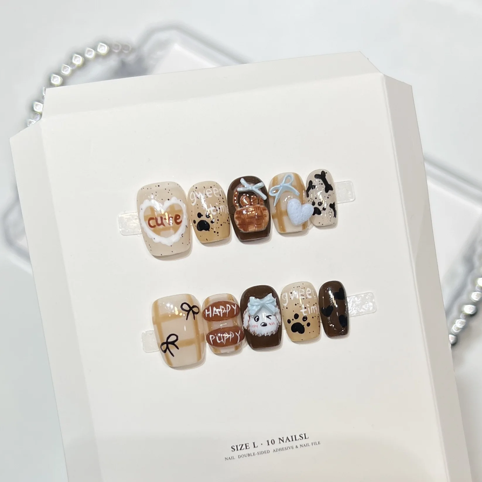 

Набор из 10 милых накладных ногтей с изображением маленьких собачек, короткие квадратные коричневые накладные ногти для девочек, накладные ногти ручной росписи, популярный дизайн для маникюра