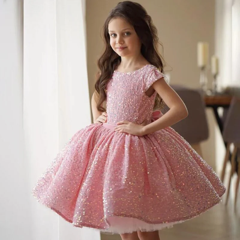 Vestidos florais rosa para meninas, lantejoulas inchadas brilhantes com laço, manga curta para casamento, festa de aniversário, banquete, vestidos de princesa